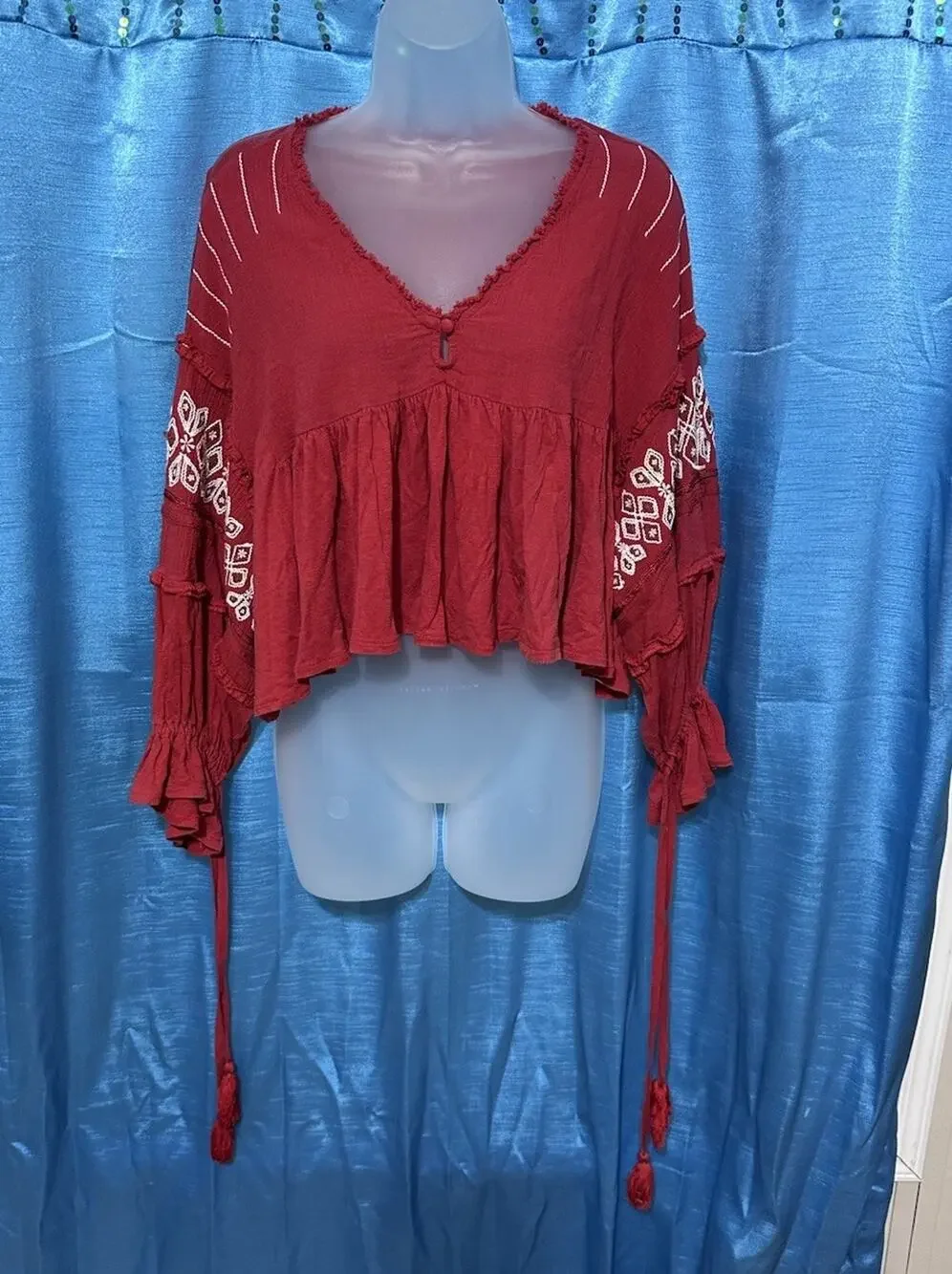 Free People Penny Love Top Cropped Red Embroidered Tassels Boho SZ M